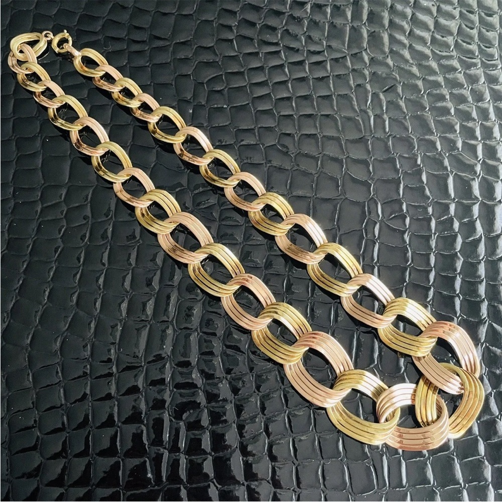 BIG 14K Solid Gold Binder Bros NY 2 Tone Graduated Chain Link Necklace 1950s MCM - Picture 4 of 10